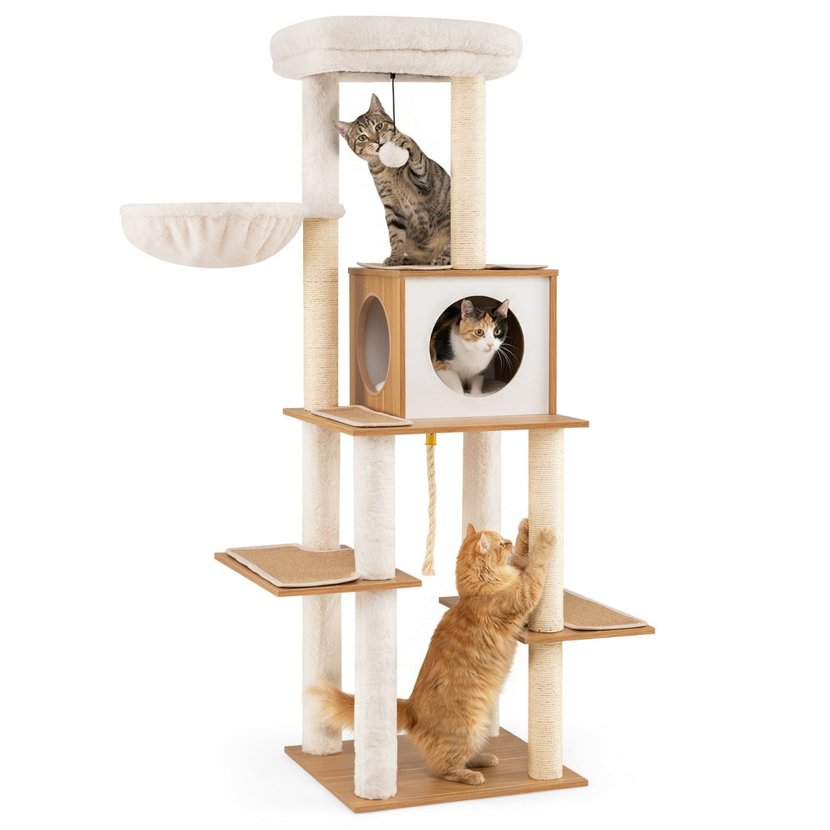 Livsk costway 148 cm hoge moderne krabpaal kattenboom voor binnenkatten en kittens klimboom met tapijt