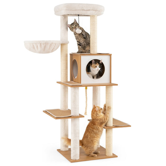 Livsk costway 148 cm hoge moderne krabpaal kattenboom voor binnenkatten en kittens klimboom met tapijt