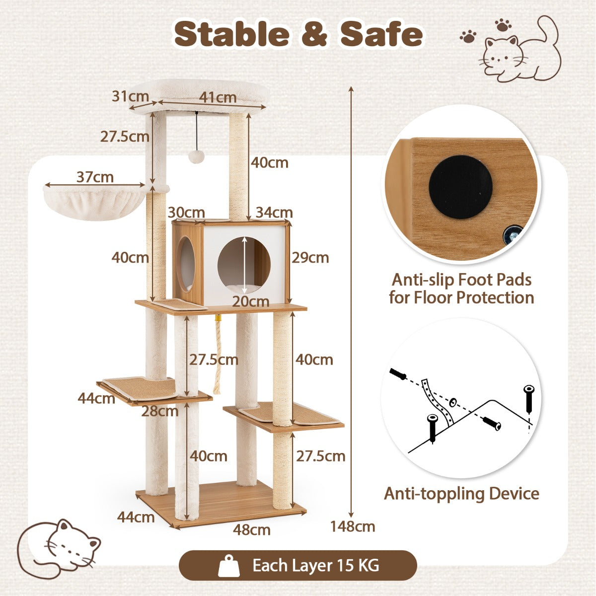Livsk costway 148 cm hoge moderne krabpaal kattenboom voor binnenkatten en kittens klimboom met tapijt