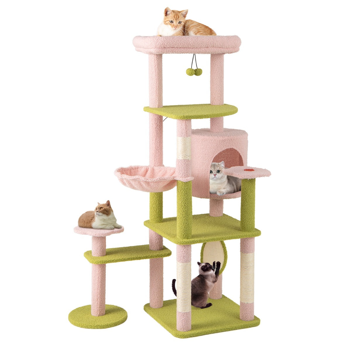 LIVSK Krabpaal voor Katten - 148 cm Hoog - Meerdere Rustplaatsen - Sisalpalen - Zachte Hangmat - Roze/Groen