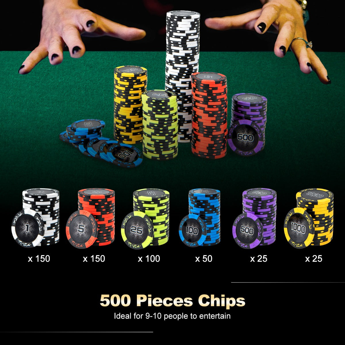 LIVSK Pokerficheset - 500 Fiches - 2 Kaartspellen - 5 Dobbelstenen - Stevige Aluminium Koffer - Voor 9-10 Spelers - Zwart