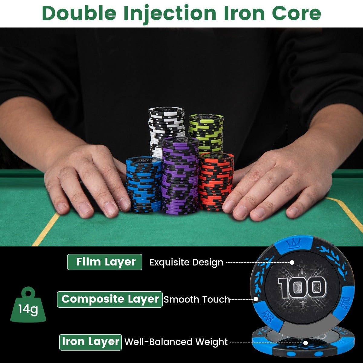 LIVSK Pokerset - 300 Fiches - 2 Kaartspellen - 5 Dobbelstenen - Draagtas met Sleutel - Voor 7 tot 9 Spelers - Zwart