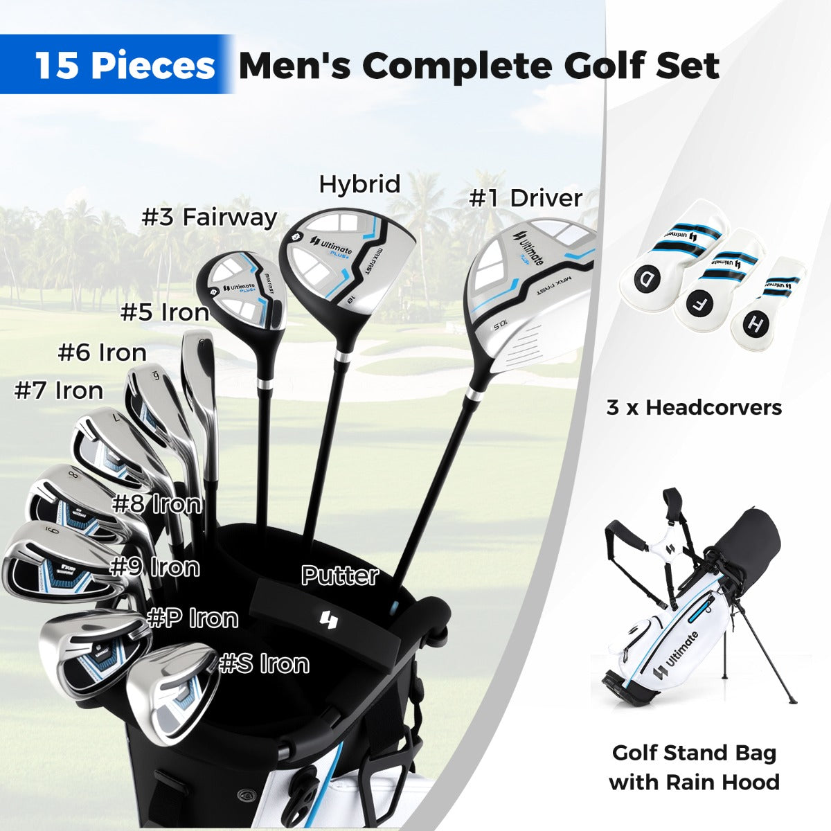 LIVSK Complete 15-Delige Golfset voor Heren - Hoogwaardige Woods en IJzers - Mallet Putter - Standbag met Regenhoes - Wit