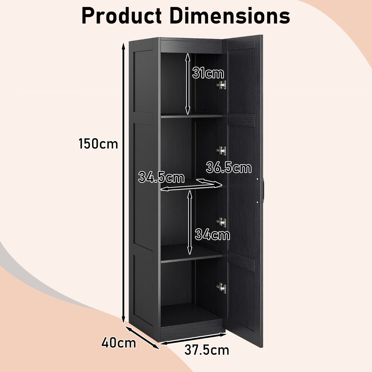 LIVSK Opbergkast Vrijstaand - 4 Planken - Antislip Voetkussens - Kantelbeveiliging - 40 x 37,5 x 150 cm - Zwart