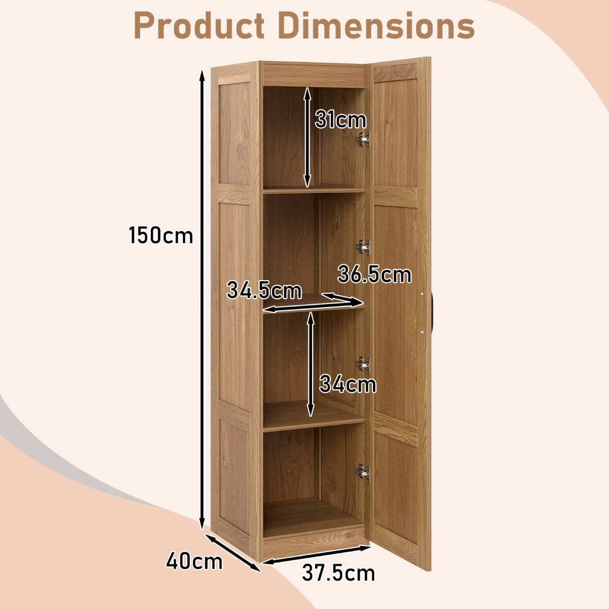 LIVSK Vrijstaande Opbergkast - 4 Laagse Planken - Kantelbeveiliging - Antislip Voetkussens - Compact 40 x 37,5 x 150 cm -