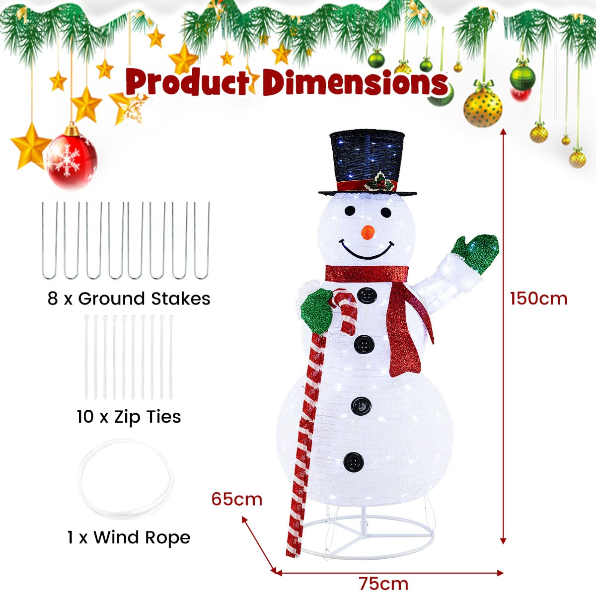 LIVSK Verlichte Pop-Up Sneeuwpop - 150 cm Hoog met 180 LED-Lampjes - Duurzaam en Weerbestendig - Inclusief Grondspiesen - Wit