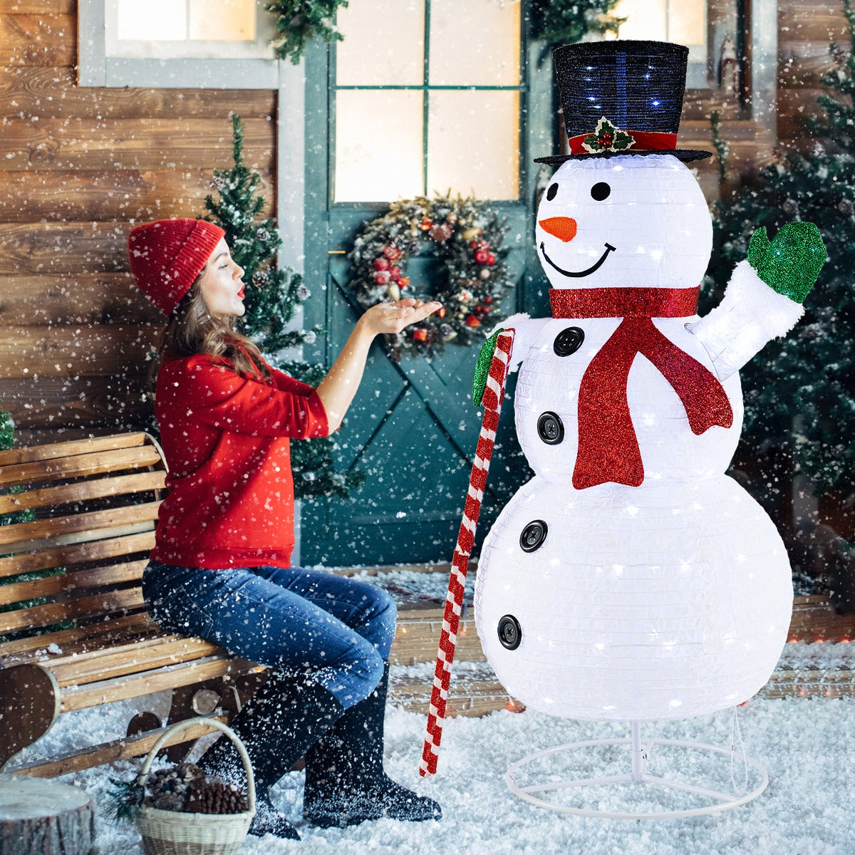 LIVSK Verlichte Pop-Up Sneeuwpop - 150 cm Hoog met 180 LED-Lampjes - Duurzaam en Weerbestendig - Inclusief Grondspiesen - Wit