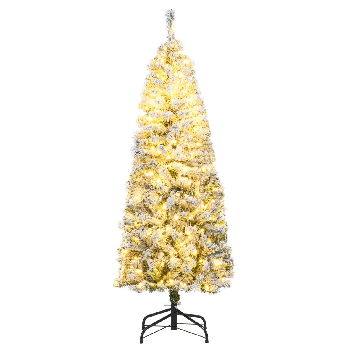 LIVSK Kunstkerstboom met Sneeuweffect - 180 Warmwitte LED-lampjes - Slanke Potloodvorm - 150 cm - Groen + Wit