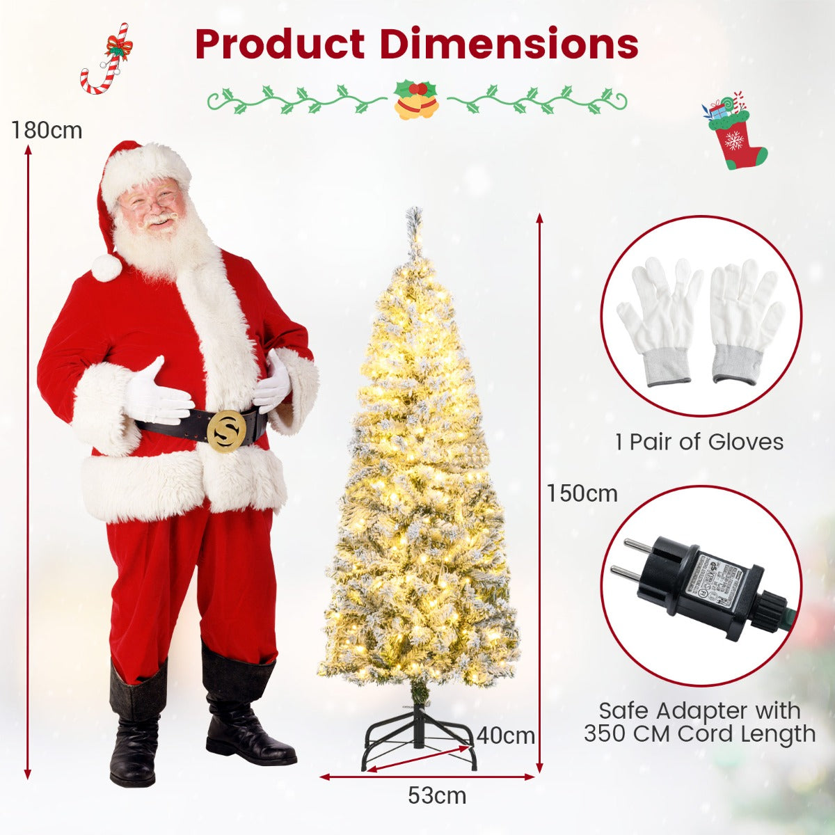 LIVSK Kunstkerstboom met Sneeuweffect - 180 Warmwitte LED-lampjes - Slanke Potloodvorm - 150 cm - Groen + Wit
