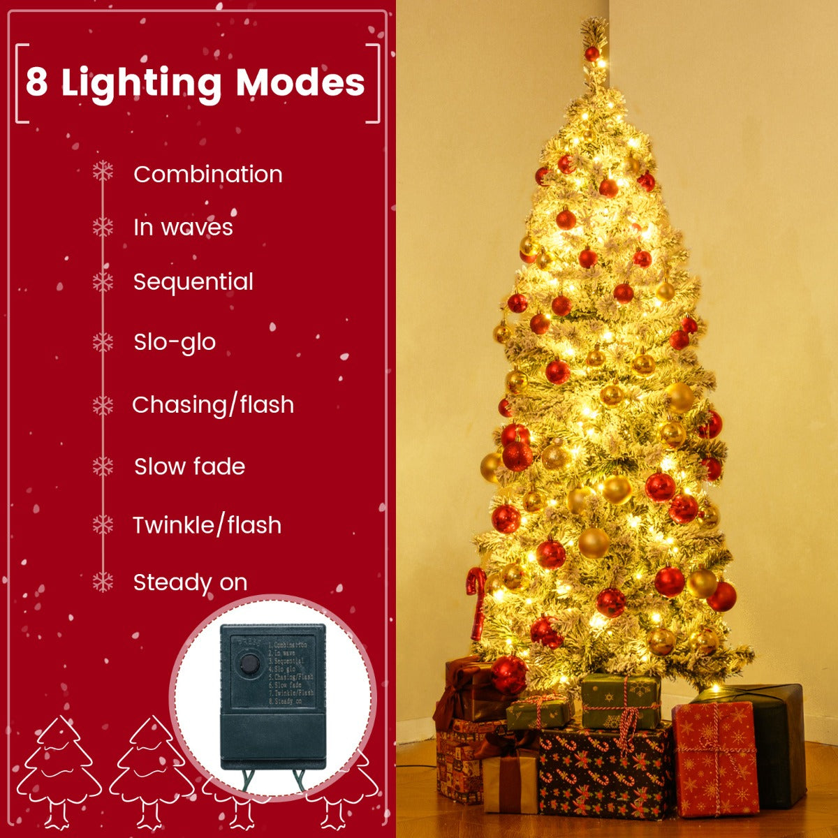 LIVSK Kunstkerstboom met Sneeuweffect - 180 Warmwitte LED-lampjes - Slanke Potloodvorm - 150 cm - Groen + Wit