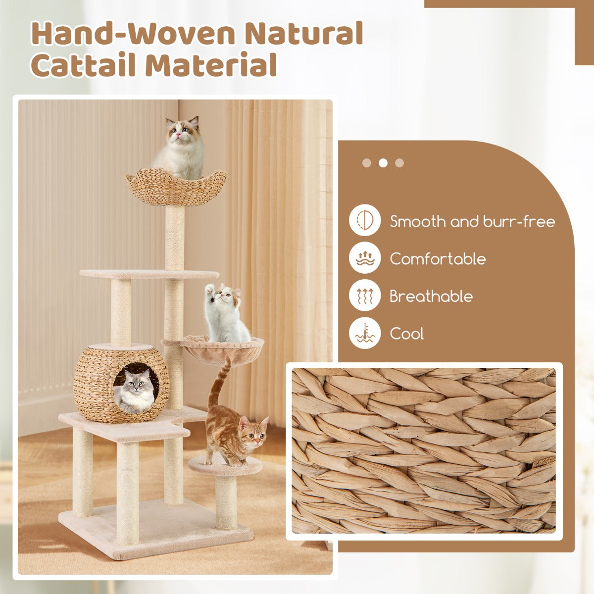 LIVSK Houten Krabpaal - 4 Niveaus met Zitstok, Hangmat en Huisje - Duurzaam Sisaltouw - Eenvoudig Onderhoud - 60 x 60 x 150 cm -