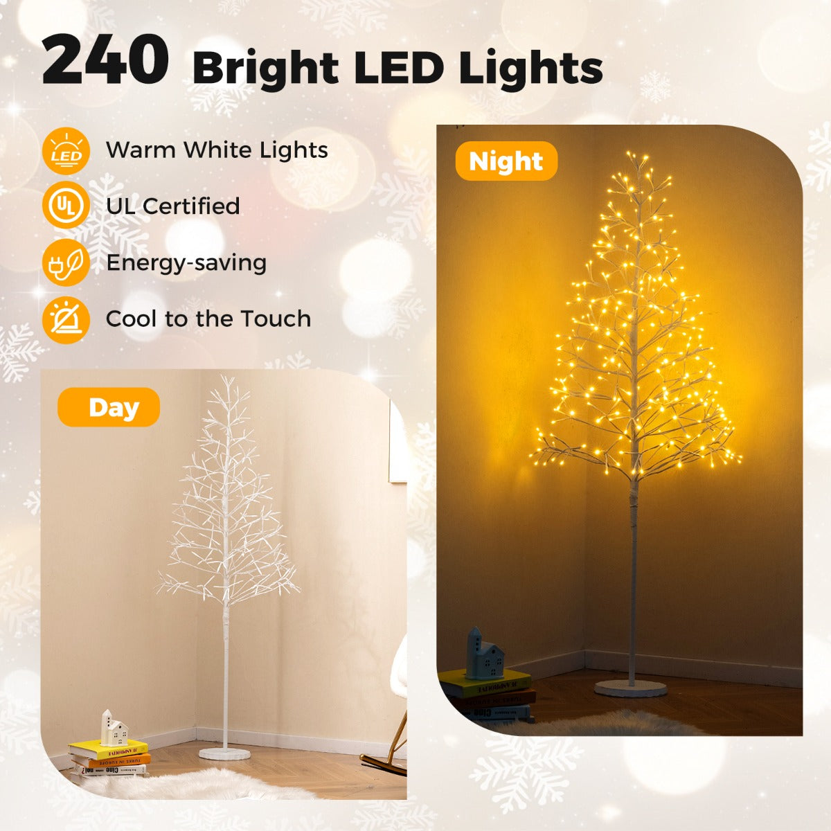 Livsk costway 150 cm kunstkerstboom met lampjes witte berkenboom en betonnen voet 5