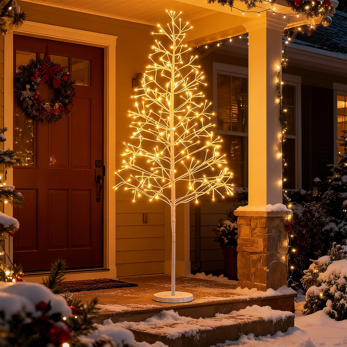 Livsk costway 150 cm kunstkerstboom met lampjes witte berkenboom en betonnen voet 6