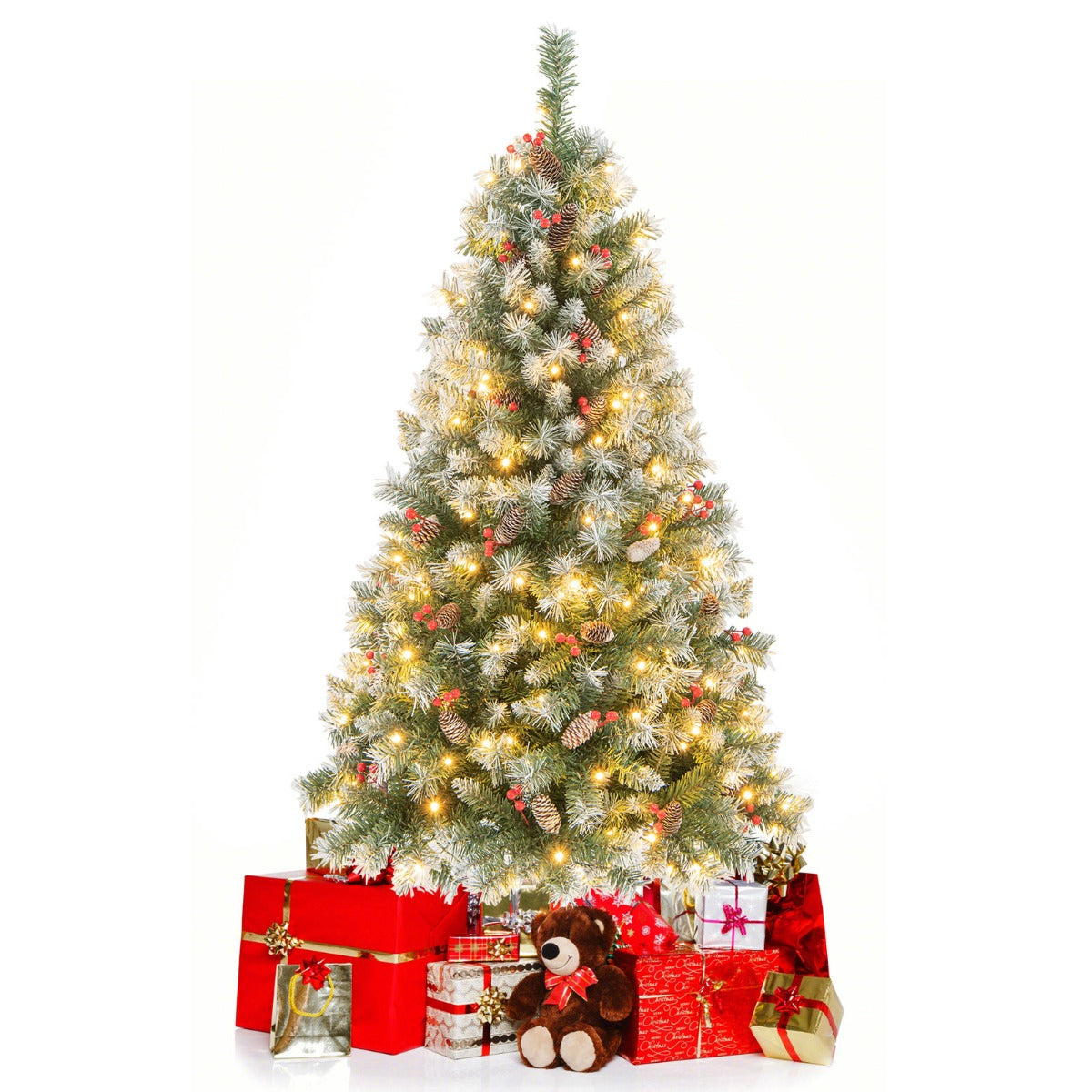 LIVSK Kunstkerstboom met 200 Warmwitte Ledlampen - 8 Verlichtingsmodi - 450 Takken - 150 cm - Groen & Wit