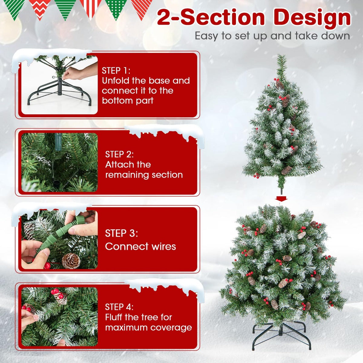 LIVSK Kunstkerstboom met 200 Warmwitte Ledlampen - 8 Verlichtingsmodi - 450 Takken - 150 cm - Groen & Wit