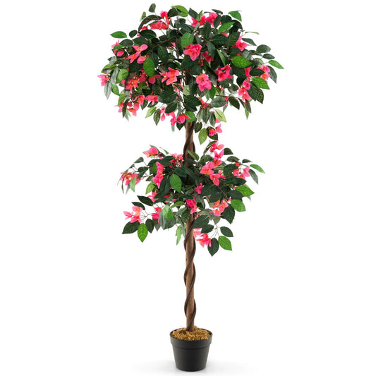 LIVSK Kunstmatige Bougainvillea - 252 Bloemen en 630 Bladeren - Houten Stam - PP Pot met Cementbasis - 150 cm - Groen + Roze +
