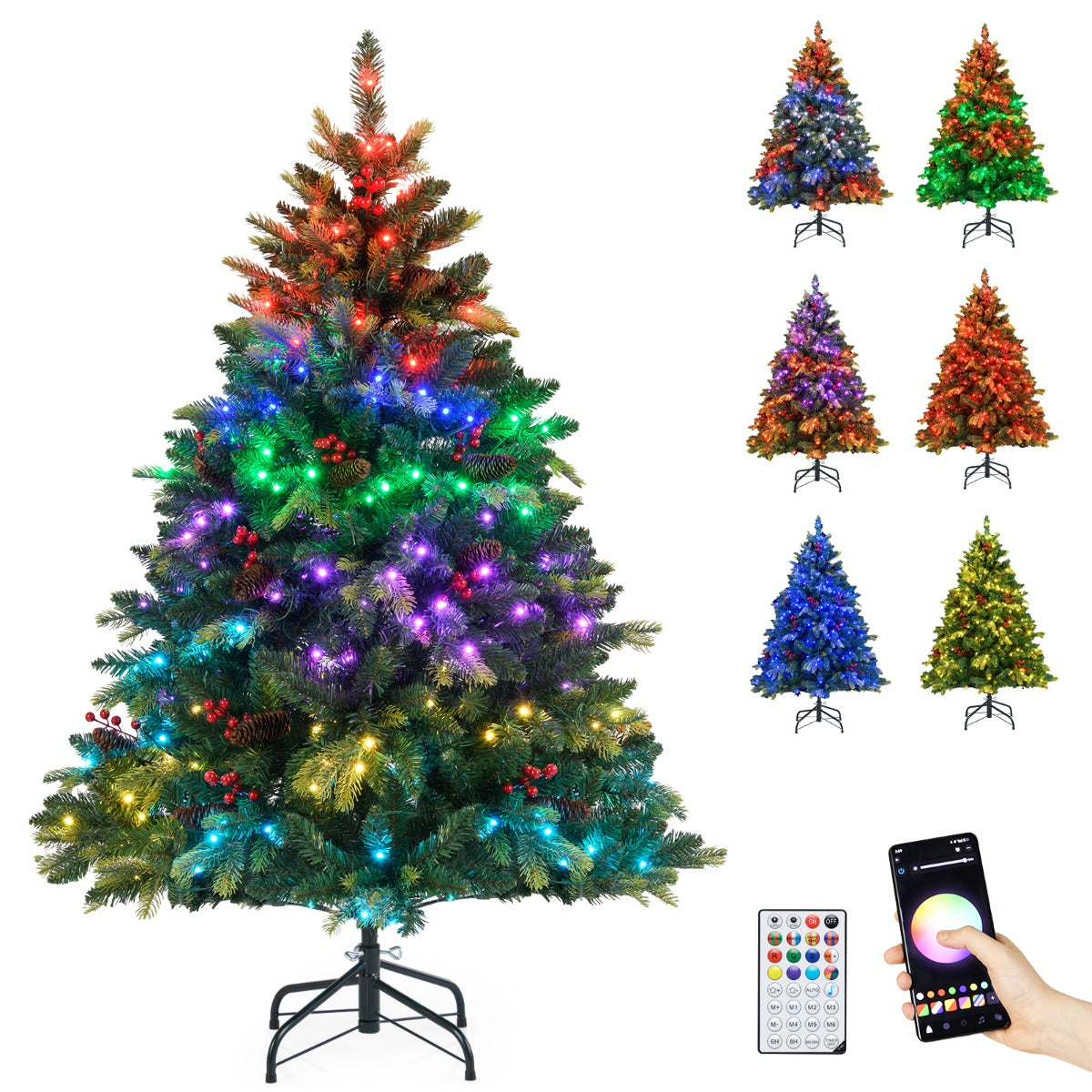 Livsk costway 150 cm kunstmatige kerstboom met 250 app gestuurde veelkleurige rgb lampjes kunstboom