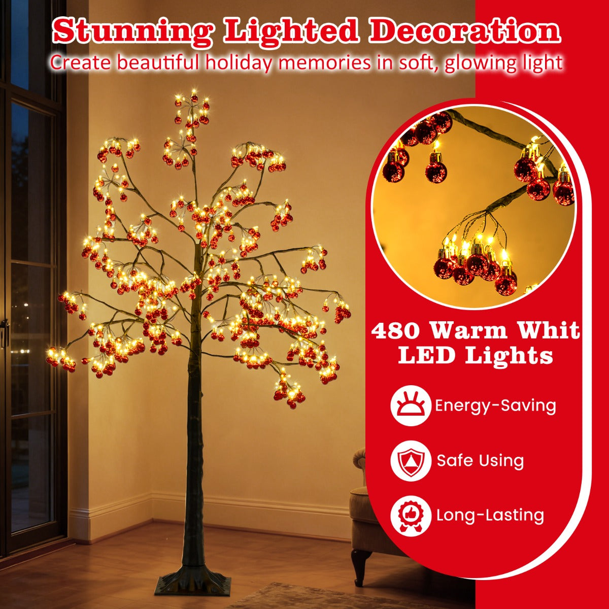 Livsk costway 150 cm kunstmatige kerstboom met verlichting en flexibele takken 384 rode ballen 480 warmwitte led lampjes voor binnen buiten 3