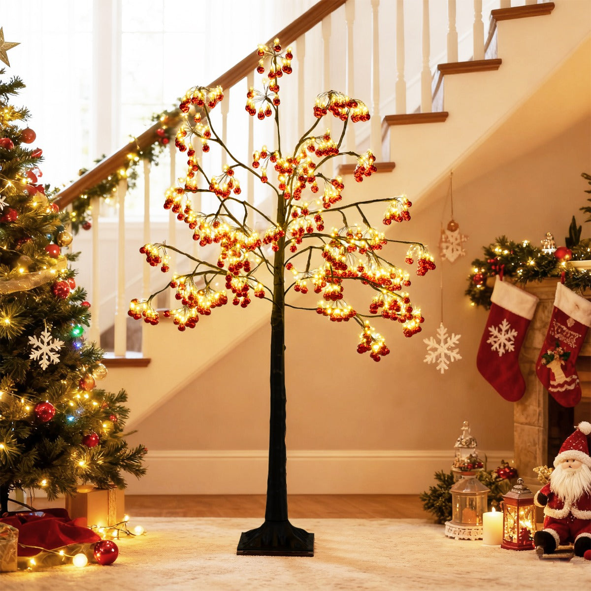 Livsk costway 150 cm kunstmatige kerstboom met verlichting en flexibele takken 384 rode ballen 480 warmwitte led lampjes voor binnen buiten 6
