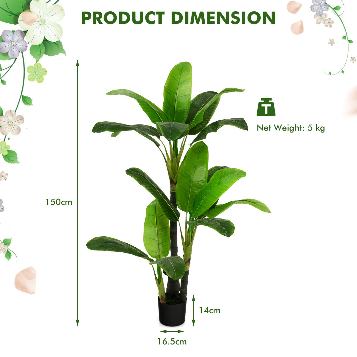 LIVSK Kunstmatige Bananenboom - 18 Realistische Bladeren - Duurzaam PEVA - Stevige Cementpot - Onderhoudsvrij - 150 cm - Groen