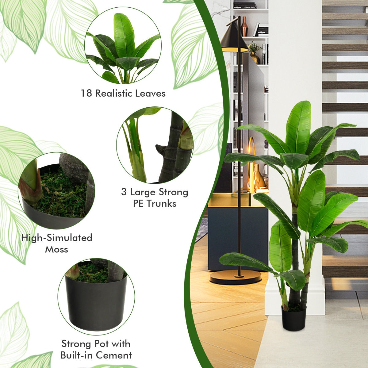 LIVSK Kunstmatige Bananenboom - 18 Realistische Bladeren - Duurzaam PEVA - Stevige Cementpot - Onderhoudsvrij - 150 cm - Groen