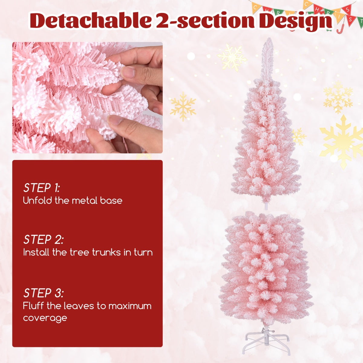 LIVSK Roze Kunstkerstboom - 328 Takpunten - Slank en Inklapbaar - Vlamvertragend PVC - 150 cm - Roze