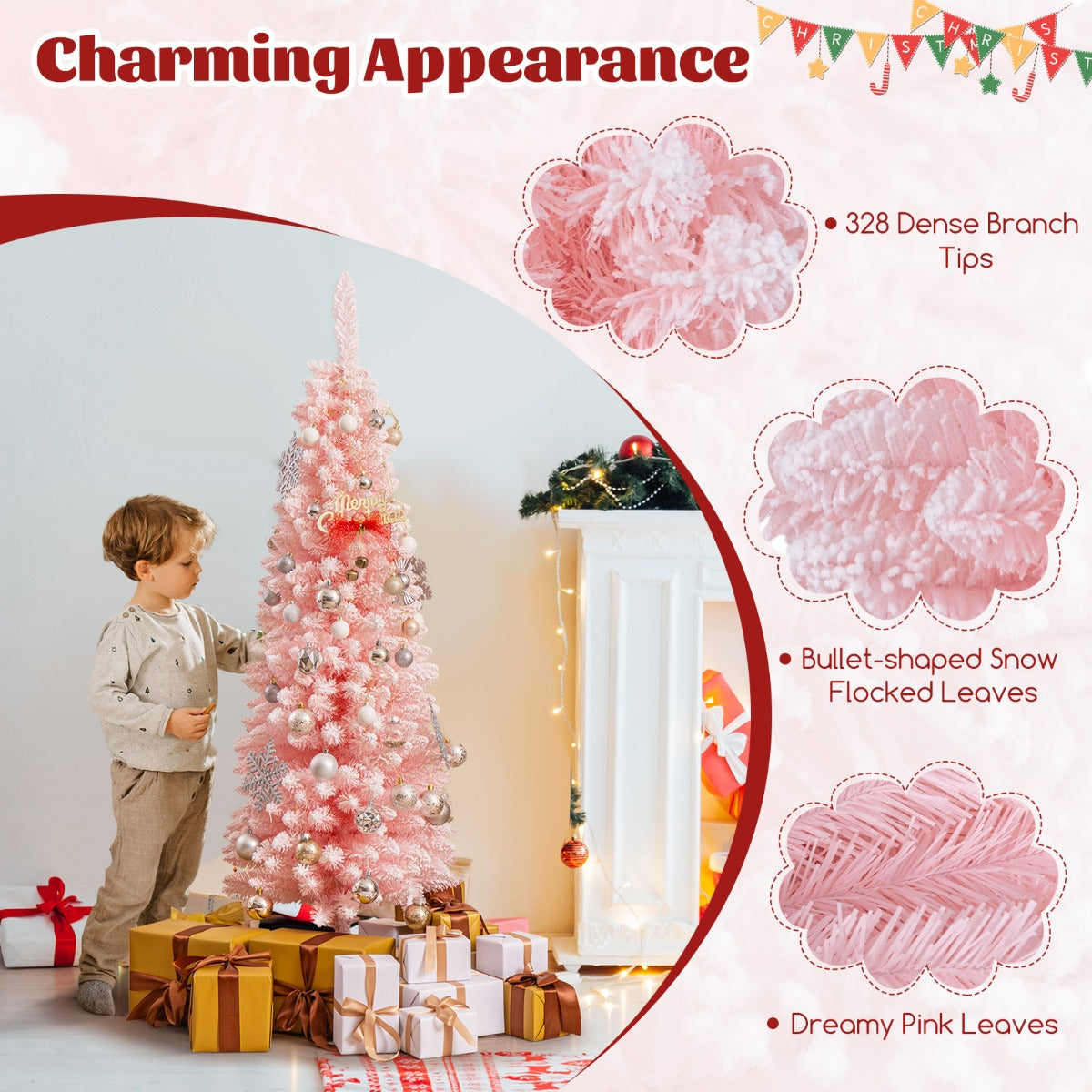 LIVSK Roze Kunstkerstboom - 328 Takpunten - Slank en Inklapbaar - Vlamvertragend PVC - 150 cm - Roze