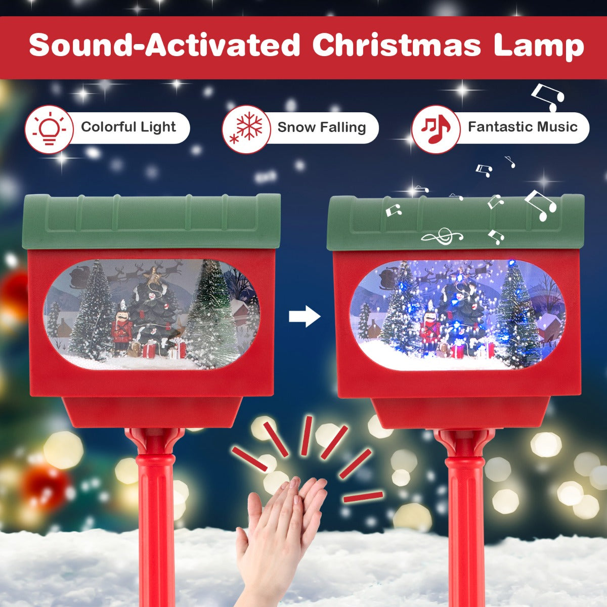 LIVSK Muzikale Kerstlamp - Geluid-Geactiveerd met Sneeuwbol & Scène - Afneembaar - Stabiliteit - 150 cm - Rood