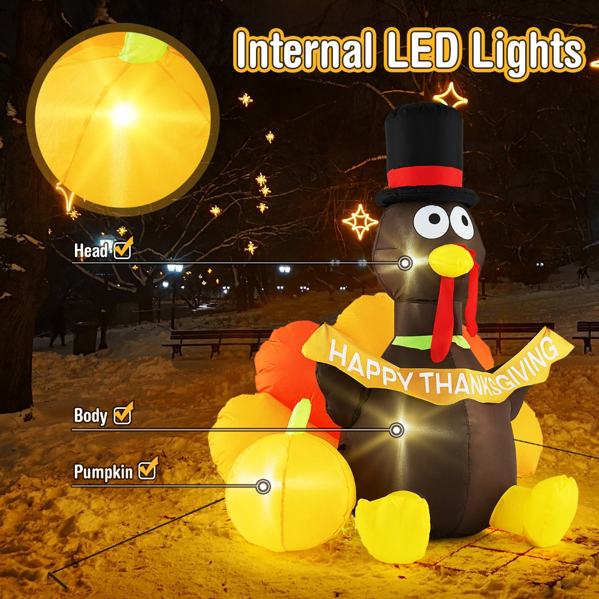 LIVSK Opblaasbare Kalkoen Thanksgiving - decoratie - LED Verlichting - Pelgrimshoed en Pompoen - Eenvoudig op te zetten