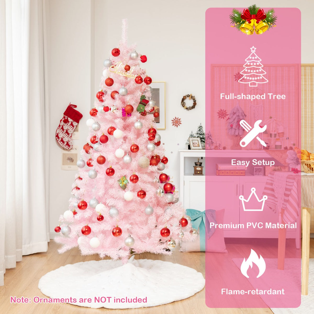 LIVSK Roze Kunstmatige Kerstboom - Volle Takken met Glitters - Duurzaam PVC - Stevige Metalen Basis - 75 x 75 x 150 cm - Roze