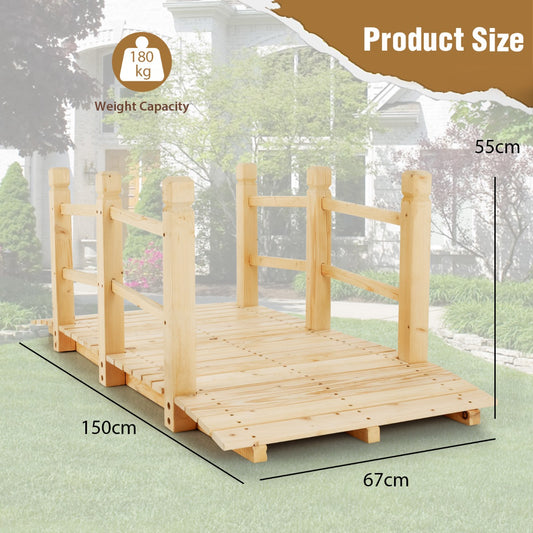 LIVSK Houten Tuinbrug - Duurzaam Sparrenhout met Gekarboniseerde Afwerking - Dubbele Leuningen - Draagvermogen tot 180 kg -