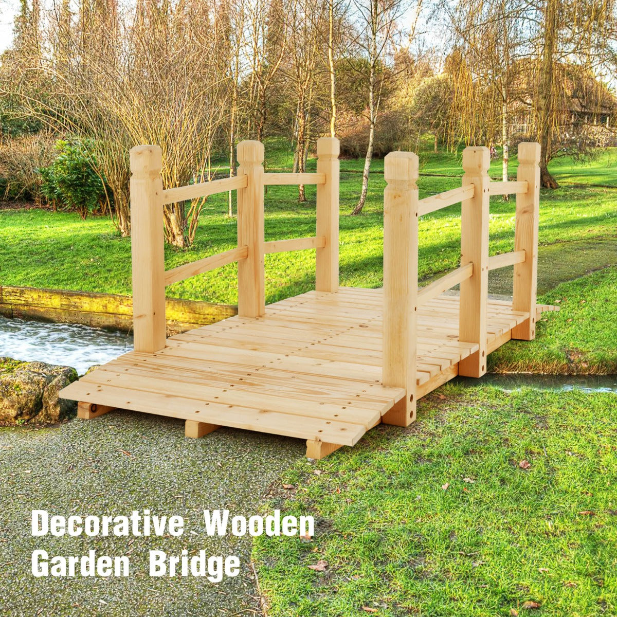 LIVSK Houten Tuinbrug - Duurzaam Sparrenhout met Gekarboniseerde Afwerking - Dubbele Leuningen - Draagvermogen tot 180 kg -