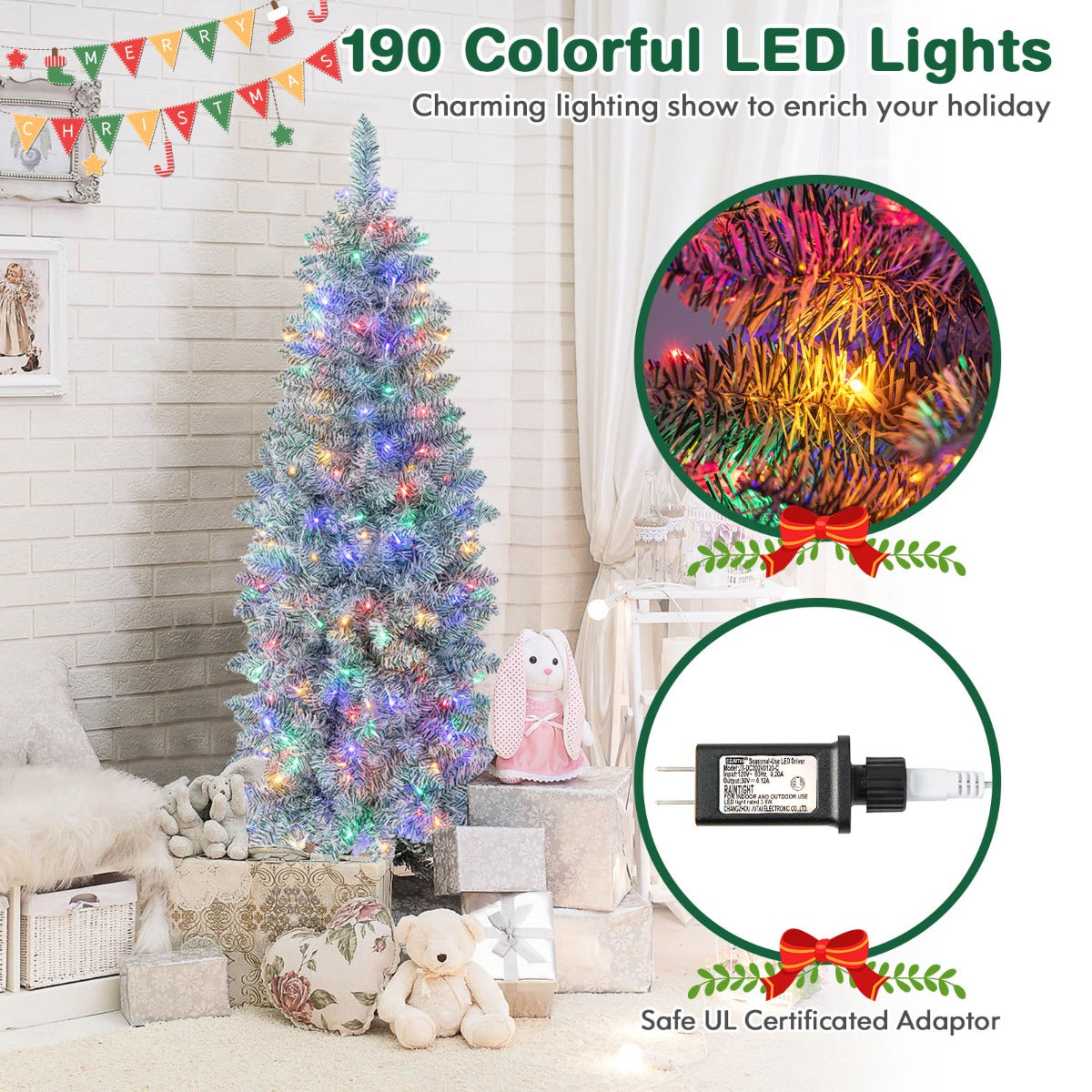 LIVSK Verlichte Kunstkerstboom - 343 Takuiteinden - 190 Kleurrijke LED-lampjes - Duurzaam PVC en PET - Metalen Voet - Groen + Wit