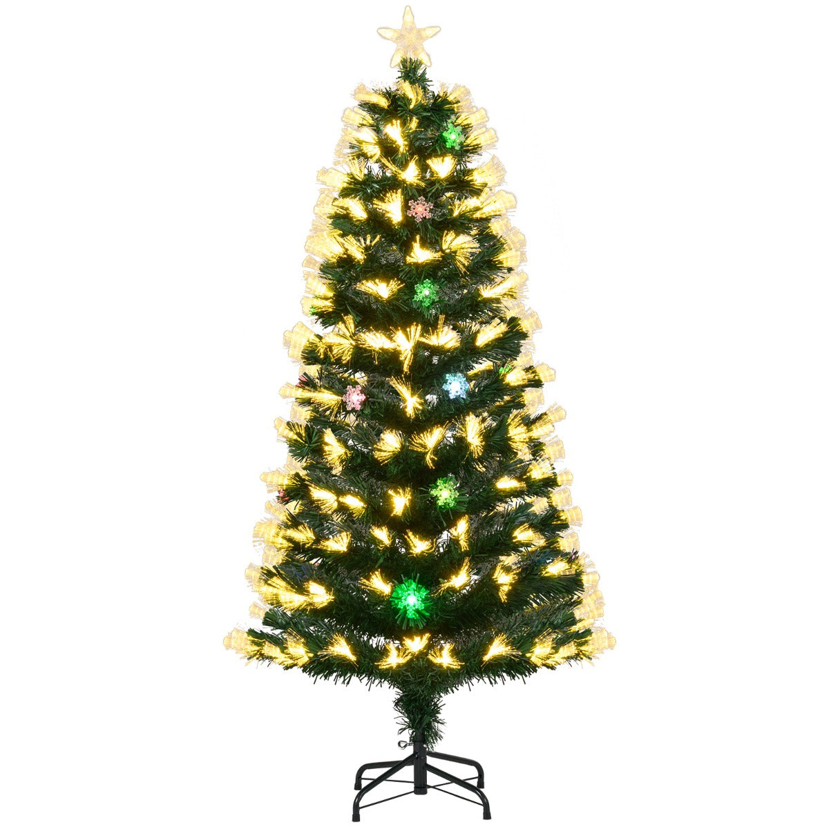 LIVSK Kunstkerstboom 150 cm - 170 Takpunten - 8 Verlichtingsmodi - Inclusief Standaard - Sneeuwvlokken - Groen