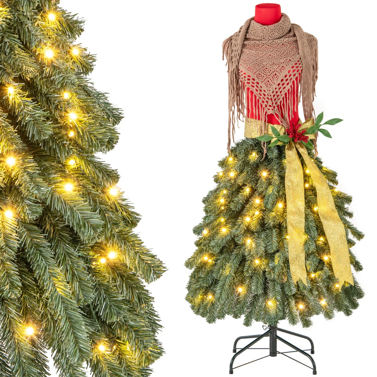 LIVSK Kunstkerstboom met Paspoprok - 248 Takuiteinden - Vlamvertragend PVC - 100 Warmwitte LED's - Inclusief Handschoenen - Groen