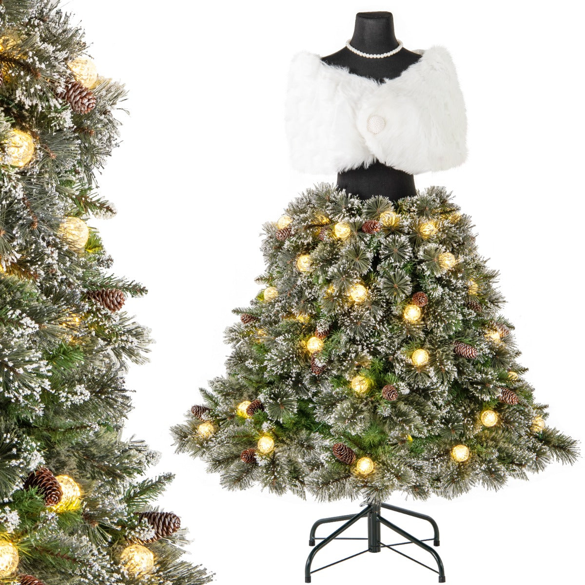 LIVSK Kunstkerstboom met Rok - 465 Takuiteinden - 50 LED Lichtballen - Uniek Design met Sjaal en Parelketting - Groen en Wit