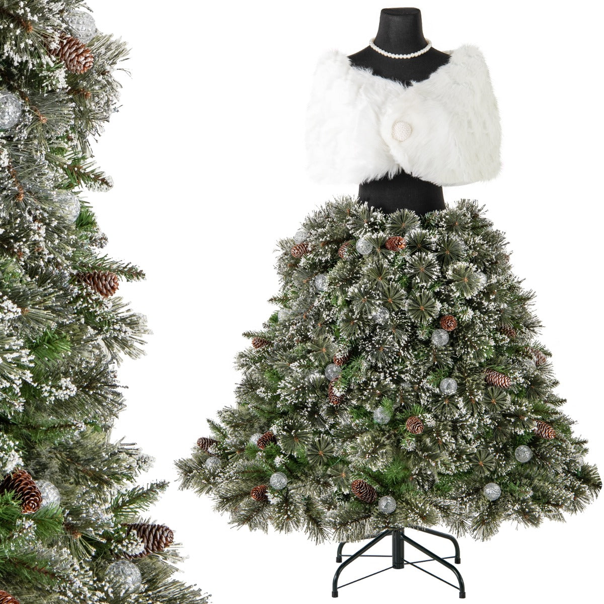 LIVSK Kunstkerstboom met Rok - 465 Takuiteinden - 50 LED Lichtballen - Uniek Design met Sjaal en Parelketting - Groen en Wit