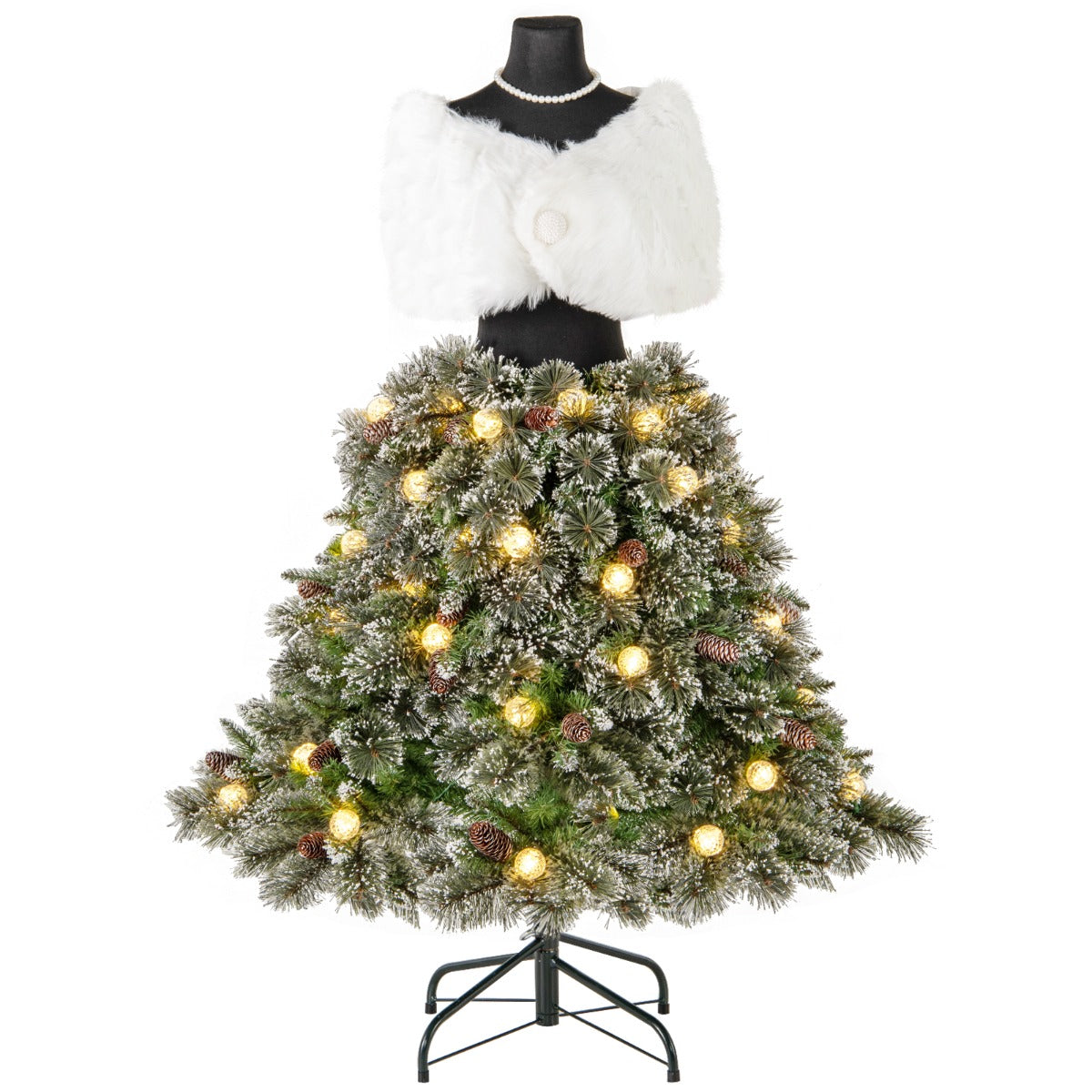 LIVSK Kunstkerstboom met Rok - 465 Takuiteinden - 50 LED Lichtballen - Uniek Design met Sjaal en Parelketting - Groen en Wit