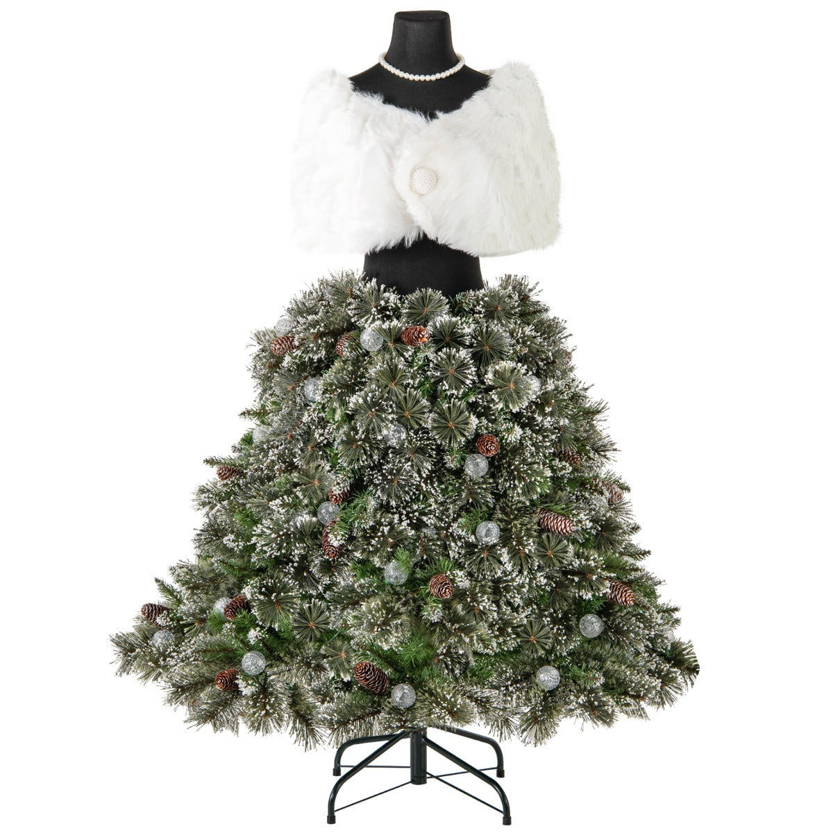 LIVSK Kunstkerstboom met Rok - 465 Takuiteinden - 50 LED Lichtballen - Uniek Design met Sjaal en Parelketting - Groen en Wit