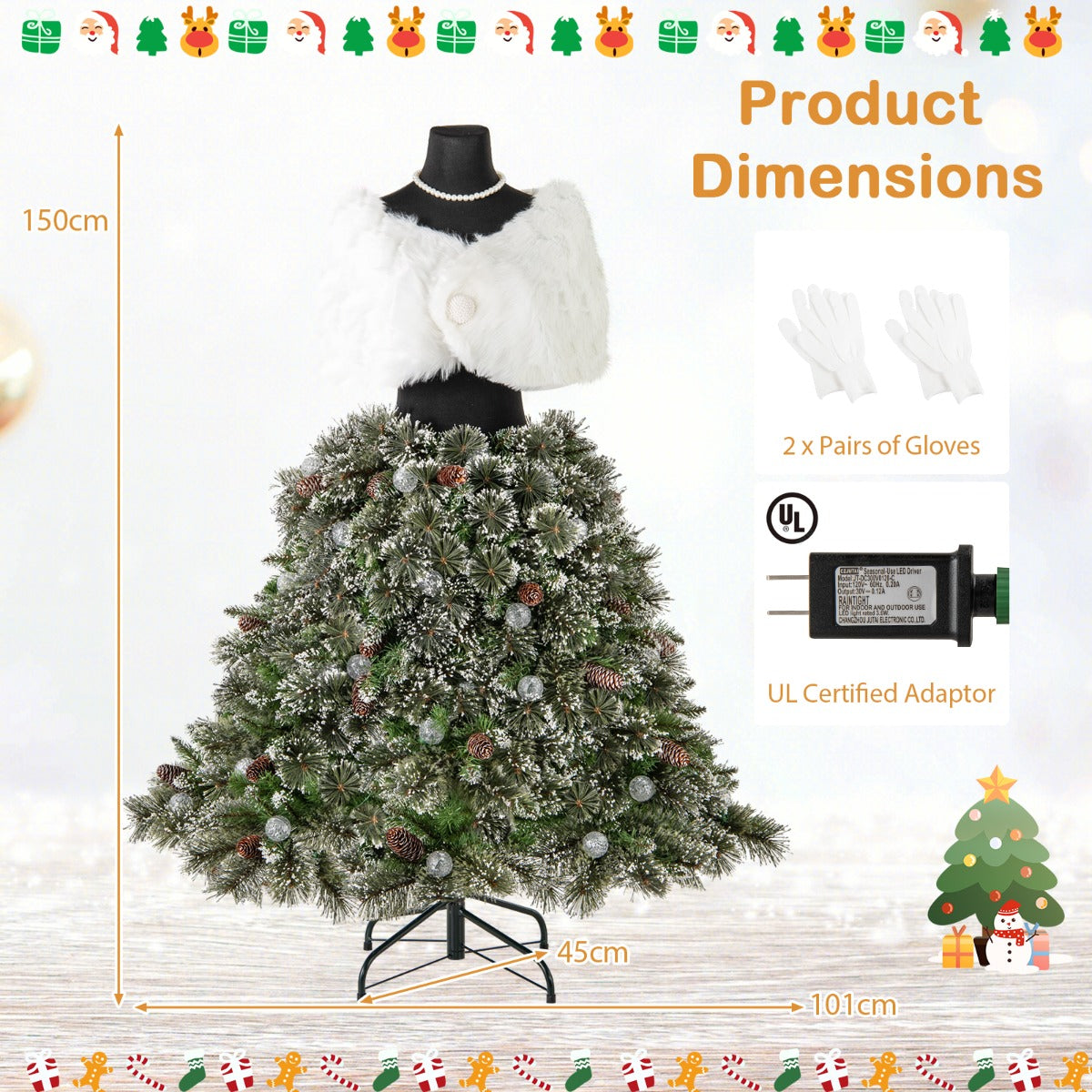 LIVSK Kunstkerstboom met Rok - 465 Takuiteinden - 50 LED Lichtballen - Uniek Design met Sjaal en Parelketting - Groen en Wit