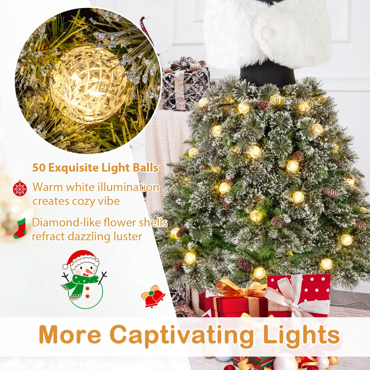 LIVSK Kunstkerstboom met Rok - 465 Takuiteinden - 50 LED Lichtballen - Uniek Design met Sjaal en Parelketting - Groen en Wit