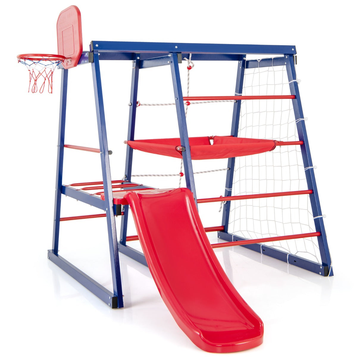 LIVSK 7-in-1 Klimrekspeeltuin - Glijbaan - Klimnet - Touwladder - Basketbalring - Voor 3-7 jaar - Rood