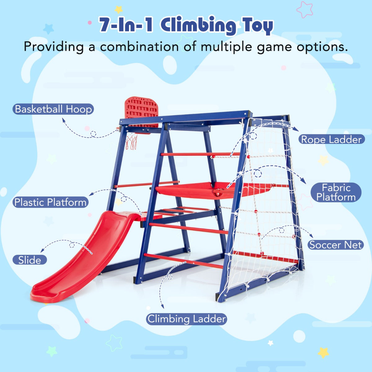LIVSK 7-in-1 Klimrekspeeltuin - Glijbaan - Klimnet - Touwladder - Basketbalring - Voor 3-7 jaar - Rood