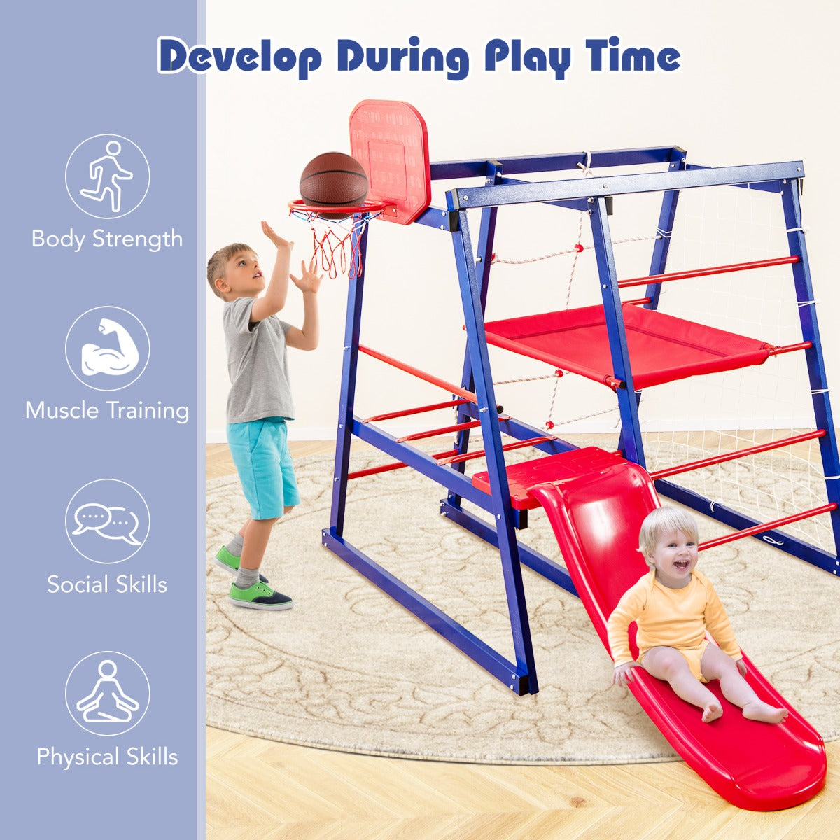 LIVSK 7-in-1 Klimrekspeeltuin - Glijbaan - Klimnet - Touwladder - Basketbalring - Voor 3-7 jaar - Rood