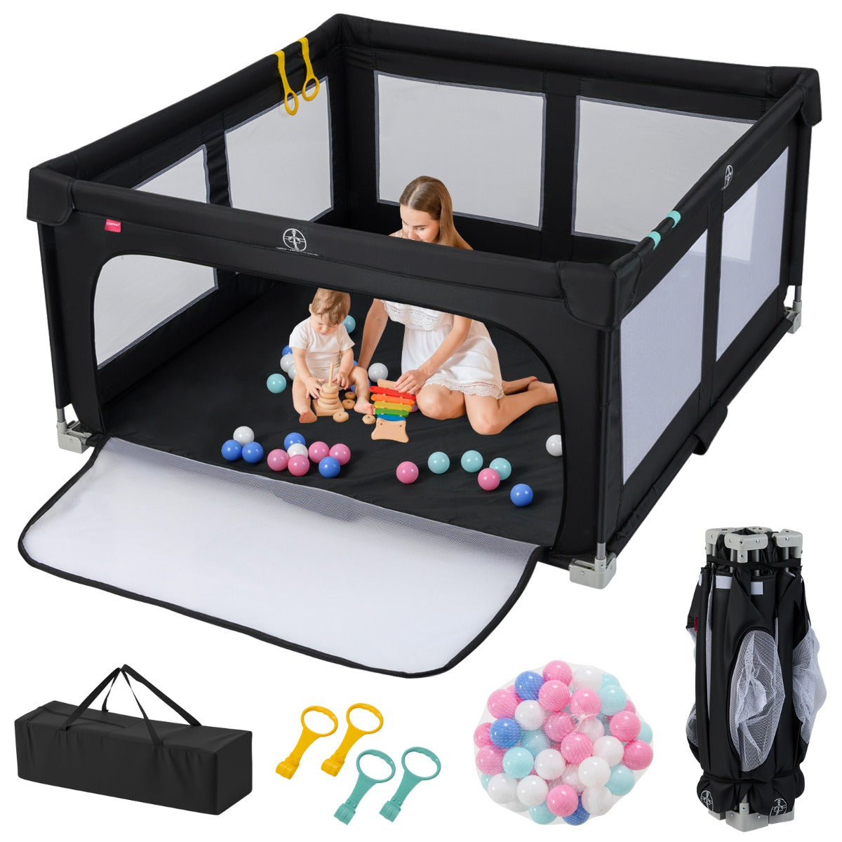 LIVSK Grote Speelbox - Ruimte van 150 x 150 cm - Antikollisionsschuimkussens - Inclusief 50 Speelballen - Draagtas - Zwart