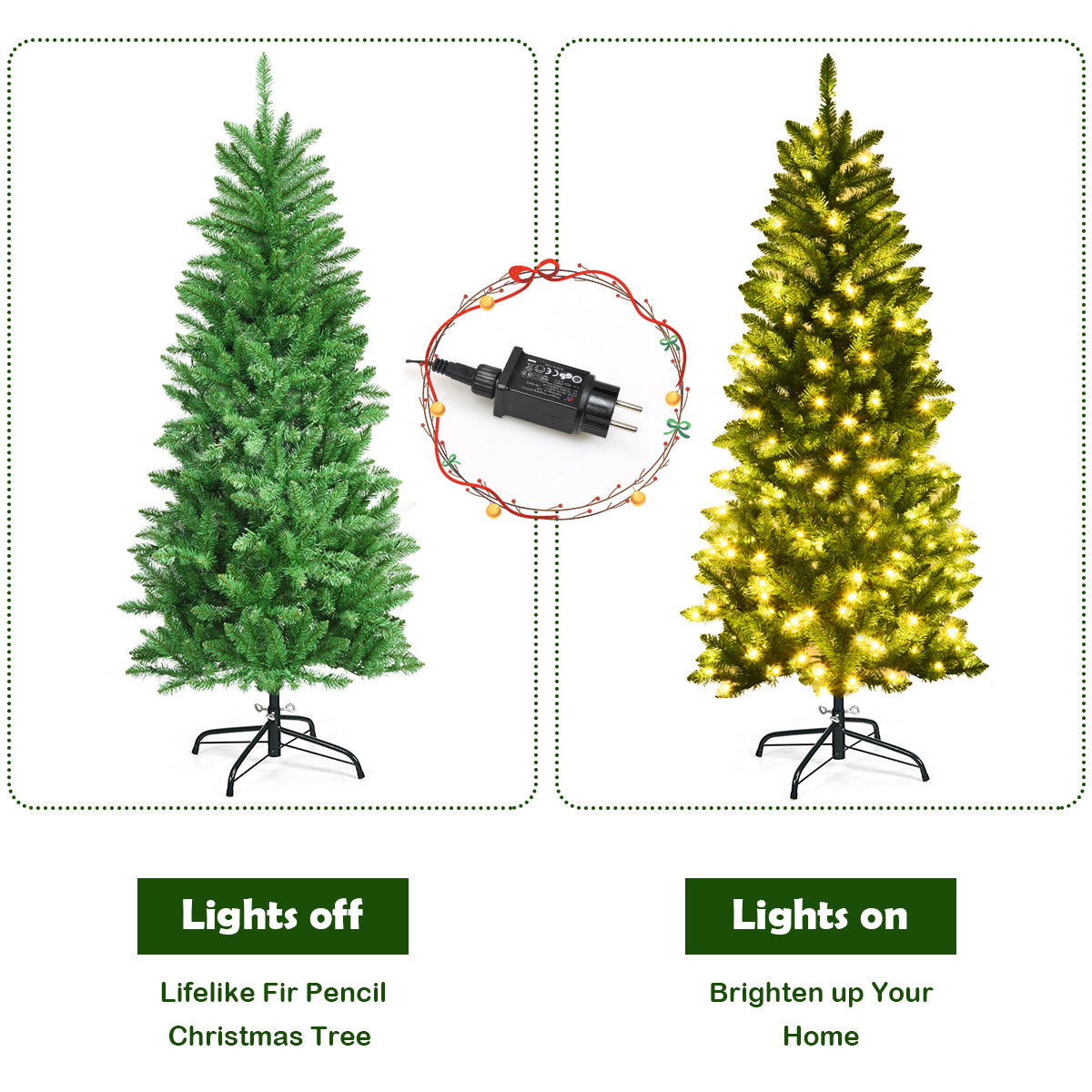 LIVSK Kunstmatige Potloodkerstboom - 150 cm - 150 Warmwitte LED-lampjes - Eenvoudig op te zetten - Stevige Standaard - Groen