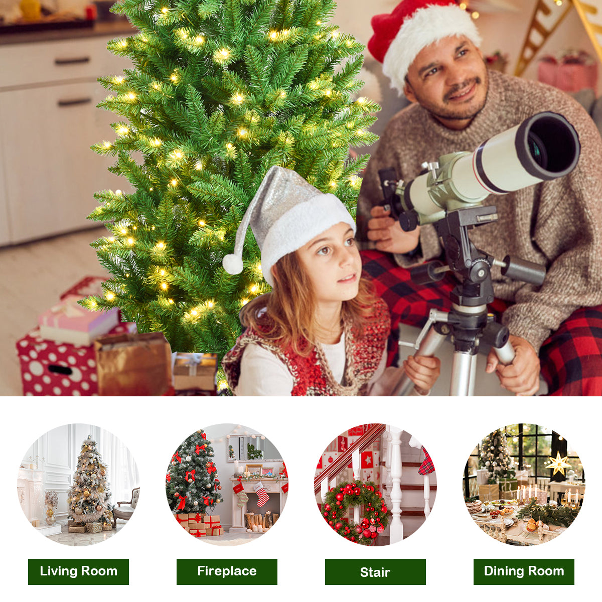 LIVSK Kunstmatige Potloodkerstboom - 150 cm - 150 Warmwitte LED-lampjes - Eenvoudig op te zetten - Stevige Standaard - Groen