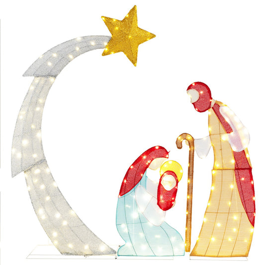 LIVSK Verlichte Kerststal - Realistische Figuren met Ster van Bethlehem - 140 Warmwitte LED - Water- en Windbestendig - 145 x 151