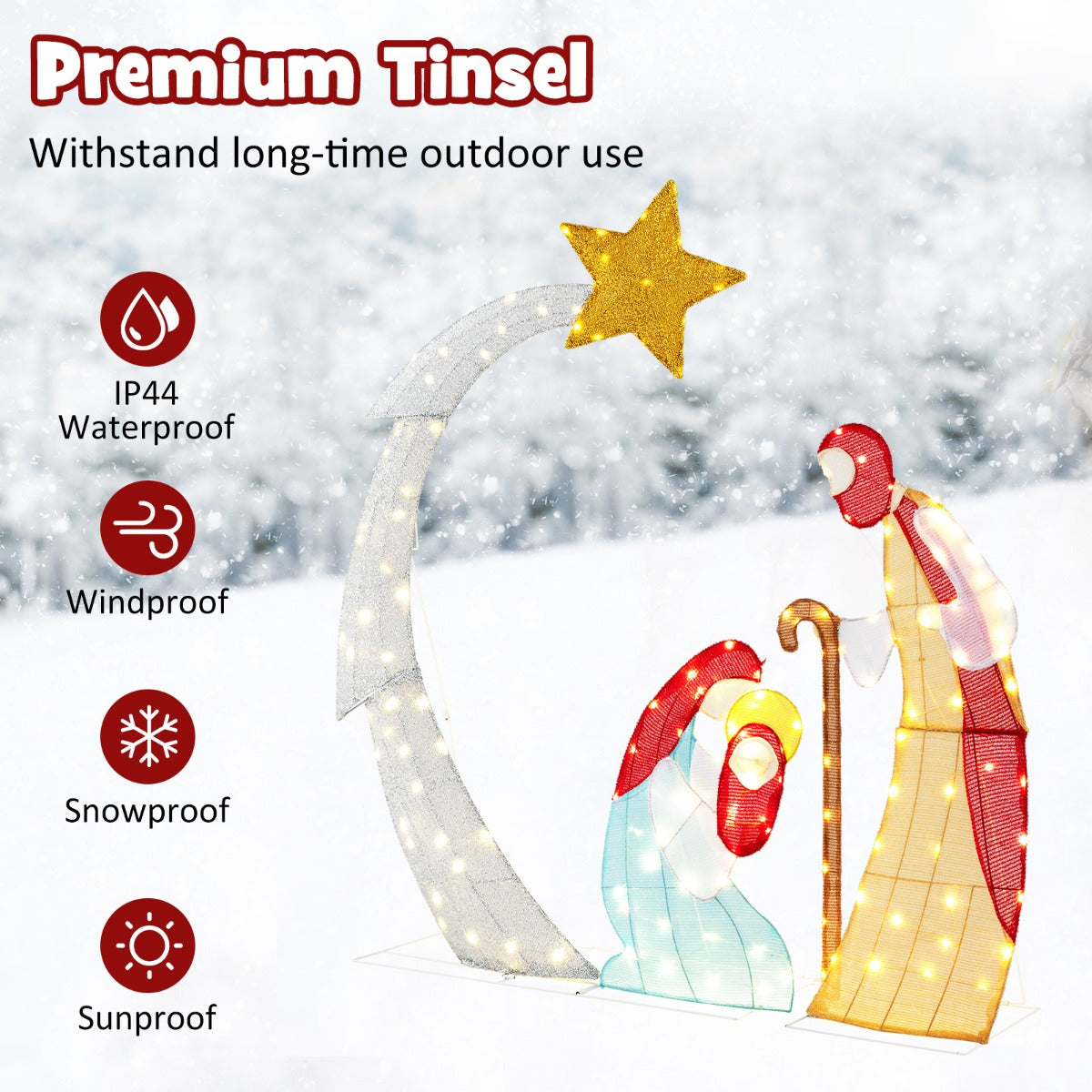LIVSK Verlichte Kerststal - Realistische Figuren met Ster van Bethlehem - 140 Warmwitte LED - Water- en Windbestendig - 145 x 151