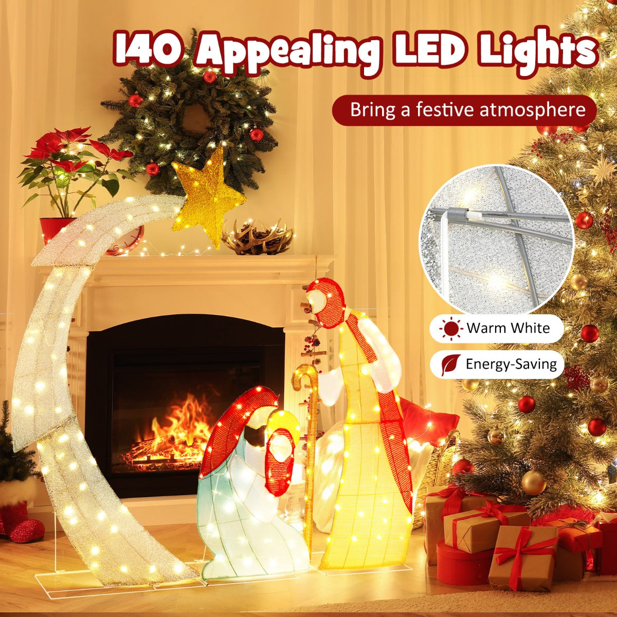 LIVSK Verlichte Kerststal - Realistische Figuren met Ster van Bethlehem - 140 Warmwitte LED - Water- en Windbestendig - 145 x 151